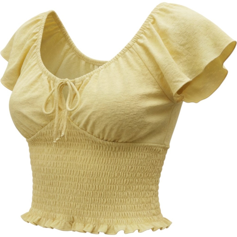 Billabong Top Women Small Yellow Smocked Crop Pointelle Boho Ruffle Cap Sleeve